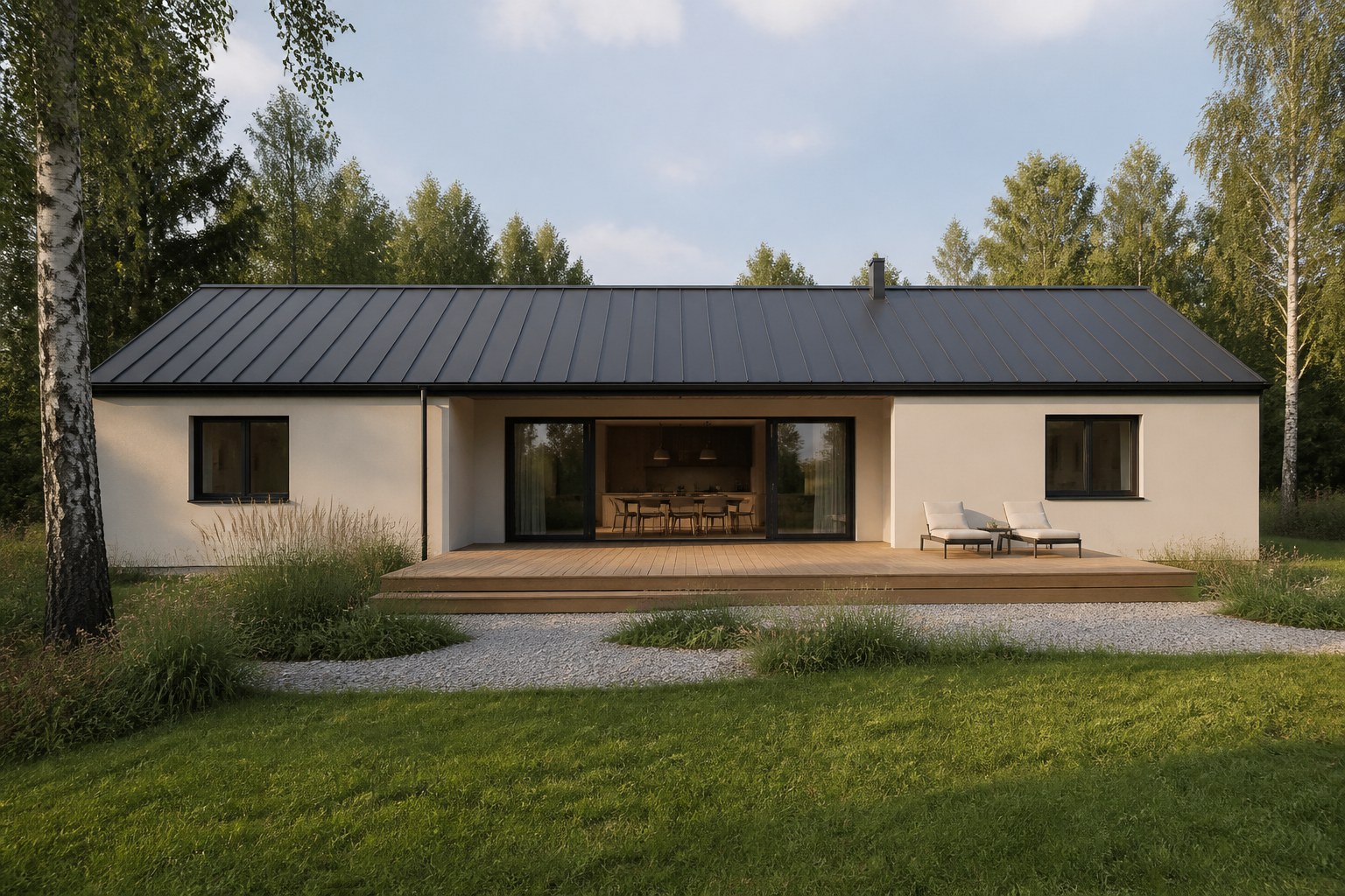 Sola — casă parter cu living central și două aripi de dormitoare